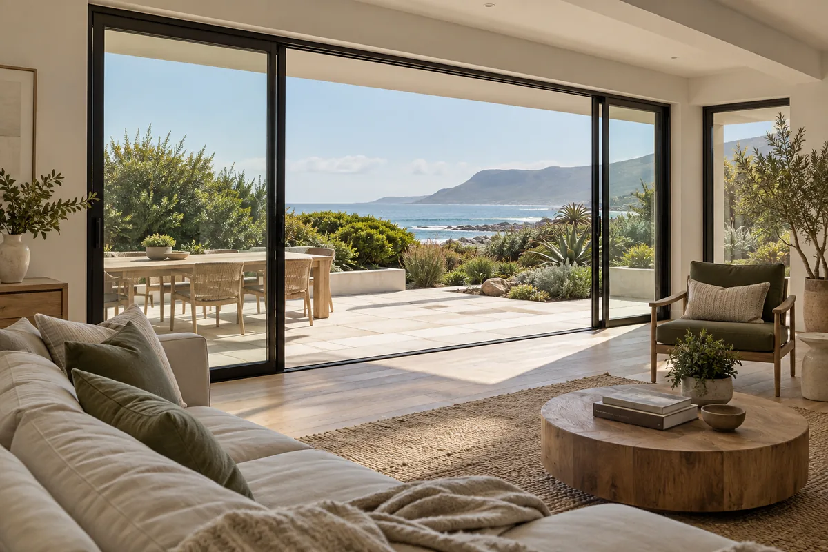 Aluminium-framed glass doors opening onto a patio