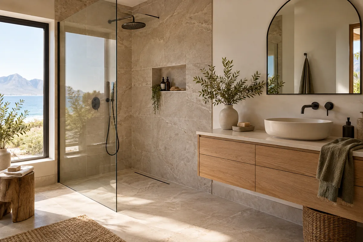Tiled bathroom with a walk-in shower