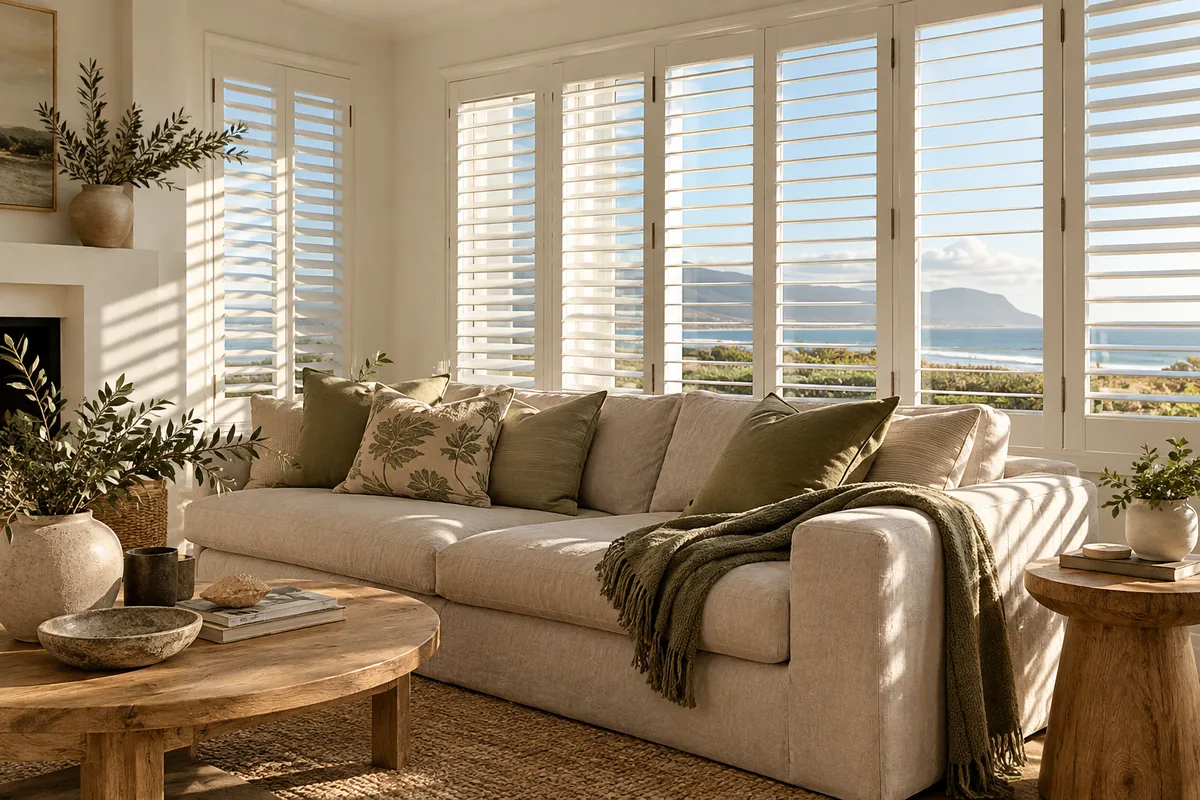 Fitted shutters controlling light in a living room