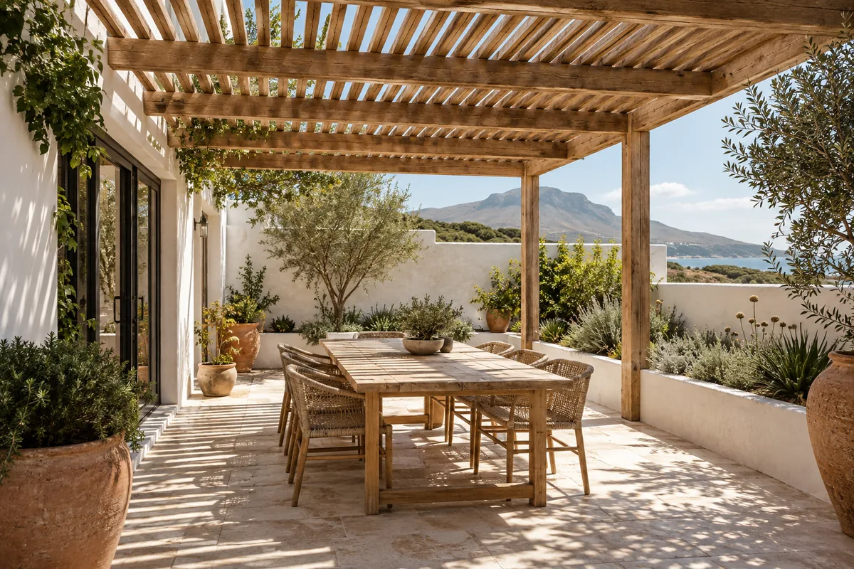Pergola shading an outdoor seating area
